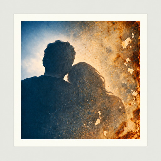 Photories artwork: two people leaning together, with a photograph gradually changing from cool blue to warm, weathered tones